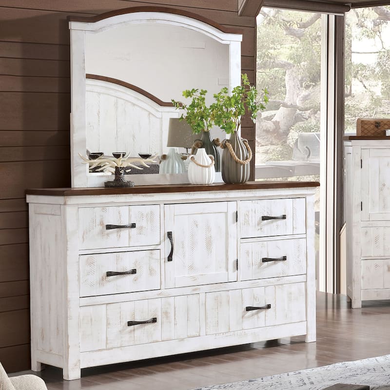Ynez Transitional White 2-piece 6-Drawer Dresser and Mirror Set by Furniture of America - Distressed White
