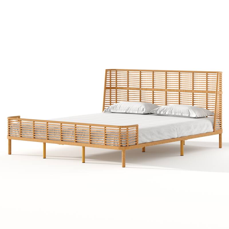 Christopher Knight Home - Marlowe Rattan Bed with Metal Frame and Wingback Design