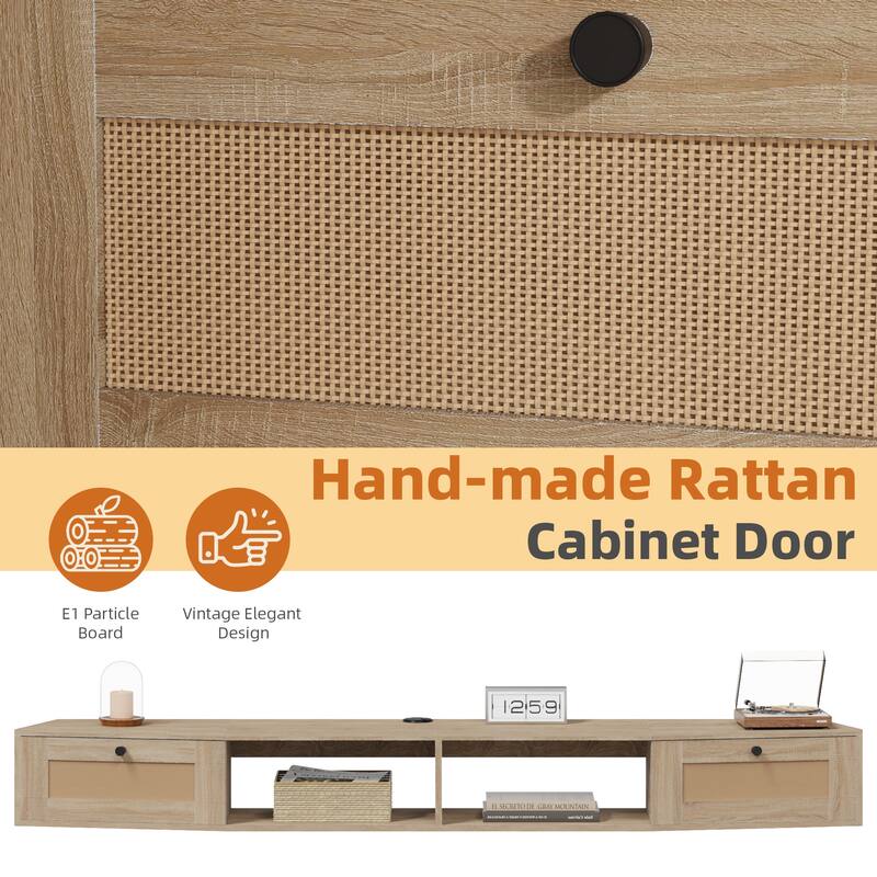EROMMY Wall-Mounted TV Cabinet with Rattan Doors & Shelves - Floating Entertainment Center with Cable Management