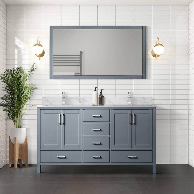 Jacques 72 in. W x 22 in. D Distressed Grey Double Bath Vanity, Carrara Marble Top, Faucet Set, and 70 in. Mirror