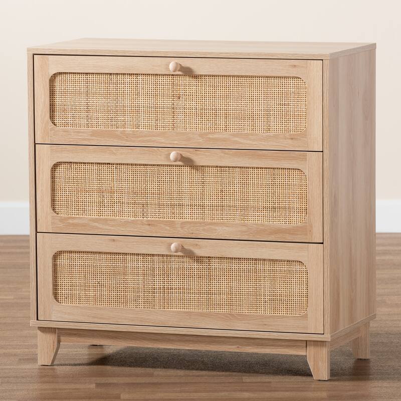 Elsbeth Japandi Oak Brown Finished Wood and Natural Rattan 3-Drawer Storage Cabinet