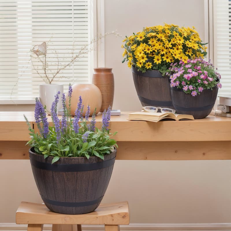 Javlergo (9"/11.3"/13") 3-Pack Different Size Plastic Planter Whiskey Barrel Planter Decoration Flower Pots with Drainage Holes