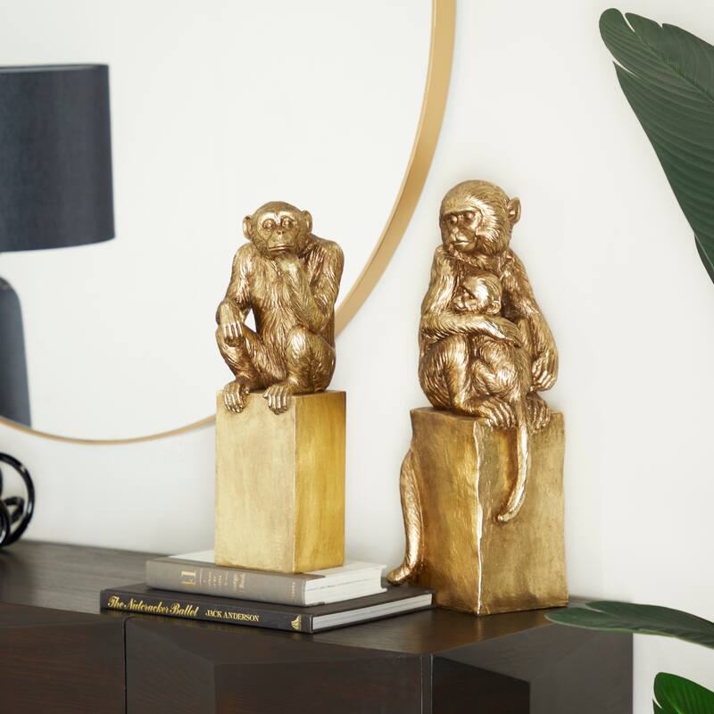 Gold Resin Monkey Decorative Sculpture (Set of 2) - 7 x 6 x 18 and 5 x 6 x 13