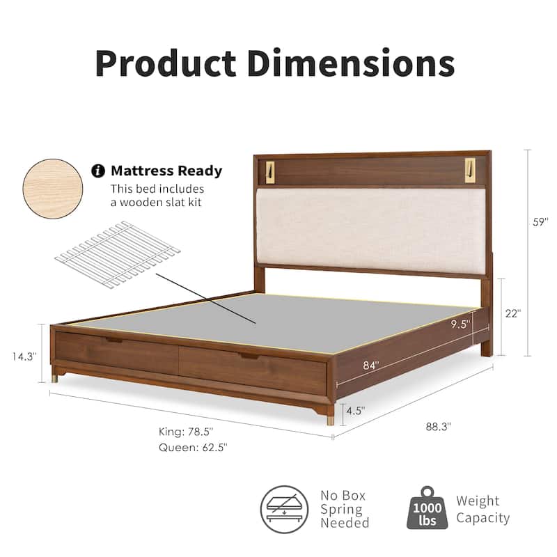 Furniture of America Forma Mid-Century Modern Walnut Boucle Storage Platform Bed with LED Reading Light