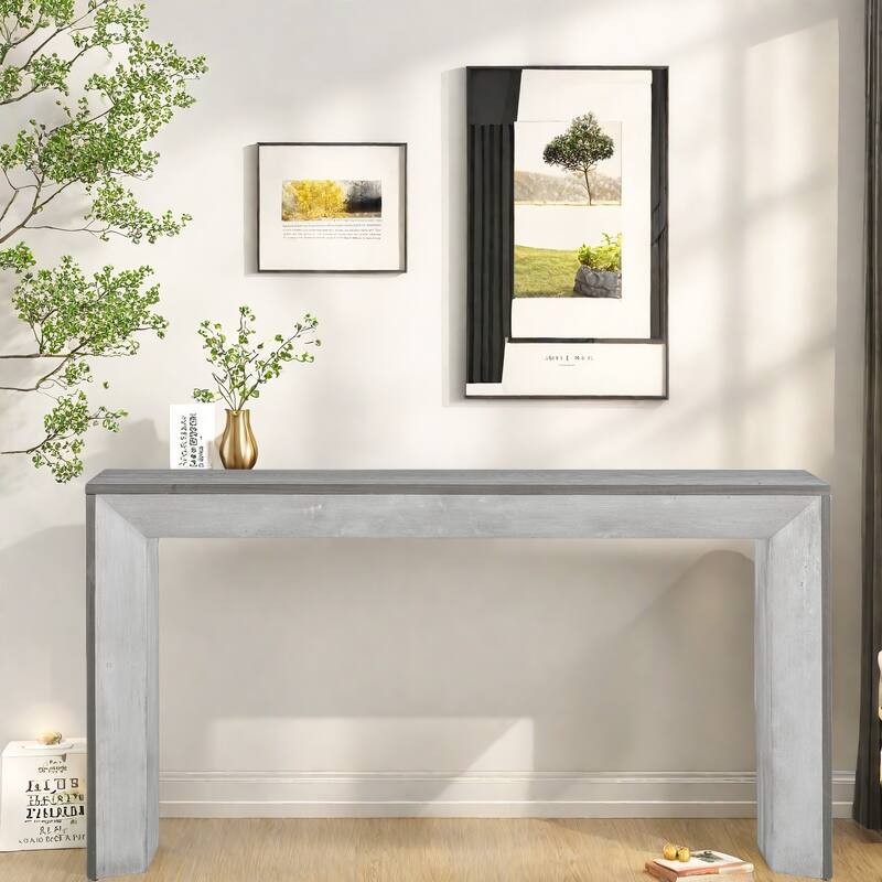 59" MDF Console Table with Fireplace Design and Wood Veneer for Living Room - Grey