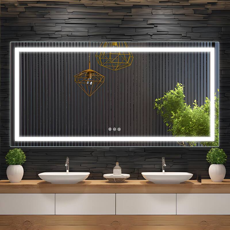 LED Bathroom Mirrorwith Front and Backlight, Stepless Dimmable Wall Mirrors with Anti-Fog