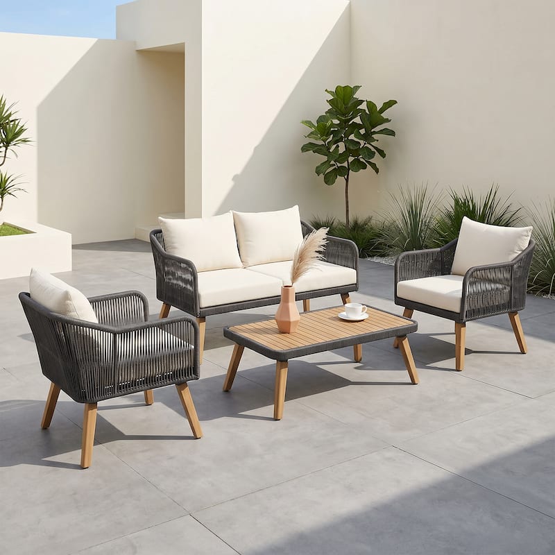 Outdoor 4 Pieces Rope Conversation Set with Cushions - Cream