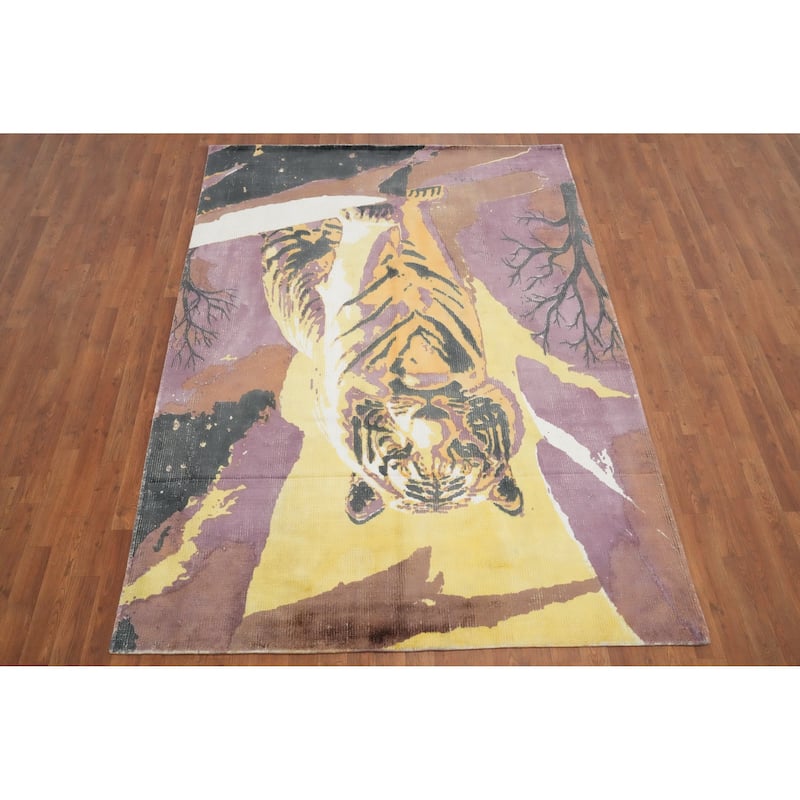 Hand Knotted Oriental Viscose Silk Carpet Modern Animal Pictorial Purples Abstract Area Rug - 7' 9'' X 5' 8''
