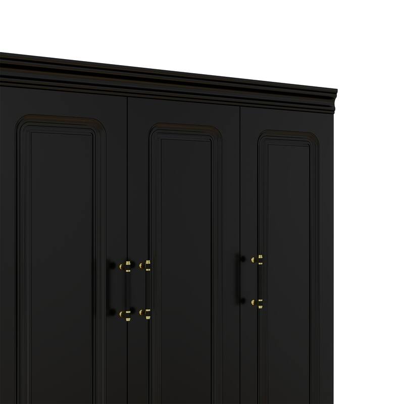 4 Door Armoire Wardrobe Closet with Drawer and Hanging Rod, Wooden Black Bedroom Armoire Closet, 70.87" H x 61.42" W x 20.47" D