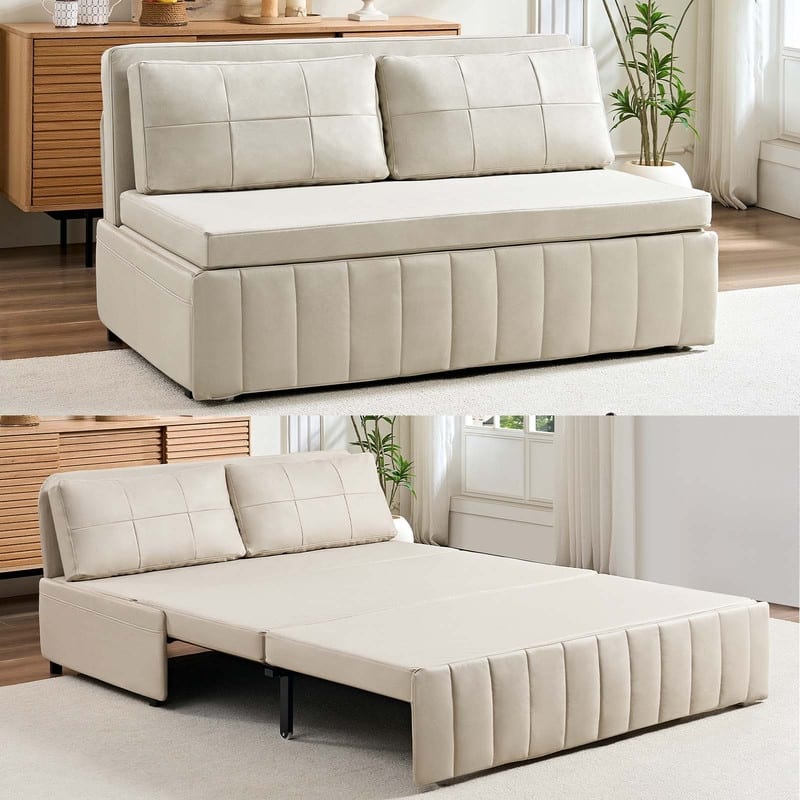 Mixoy Modern 62''Pull Out Sofa Bed,3-in-1 Pull Out Leathaire Fabric Sleeper Sofa Couch,Chaise Lounge,living room furniture - 60.83"W×80.91''L×33.46''H - BEIGE