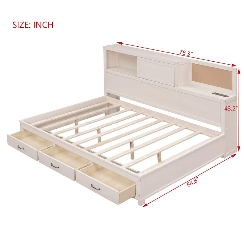 Full Size Wooden Daybed with 3 Drawers, USB Charging Ports, Shelf, and Soft Headboard Panel - No Box Spring Needed