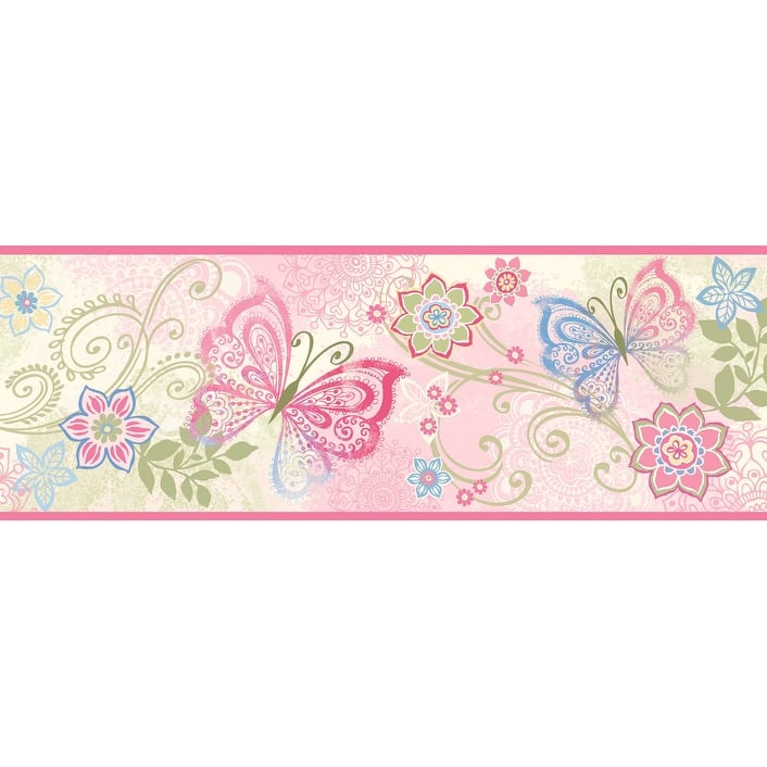 Chesapeake Fantasia Pink Boho Butterflies Scroll Border - 6.5in x 180in x 0.025in