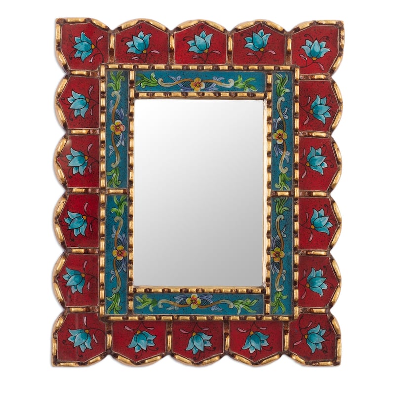 Novica Handmade Cusco Blossoms In Red Reverse-Painted Glass Wall Mirror