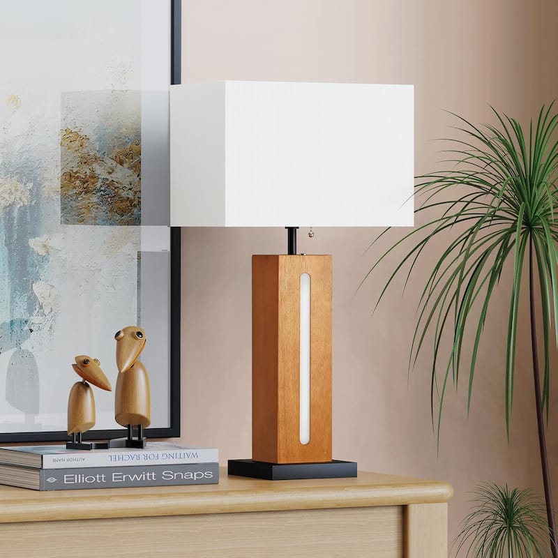 Anmytek Dual Light Table Lamp Set Of 2, Wood Look Minimalist for Bedroom Office Living Room