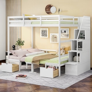 Multifunctional Design Full over Full Size Bunk Bed with staircase,the Down Bed can be Convertible to Table Set and Seats.