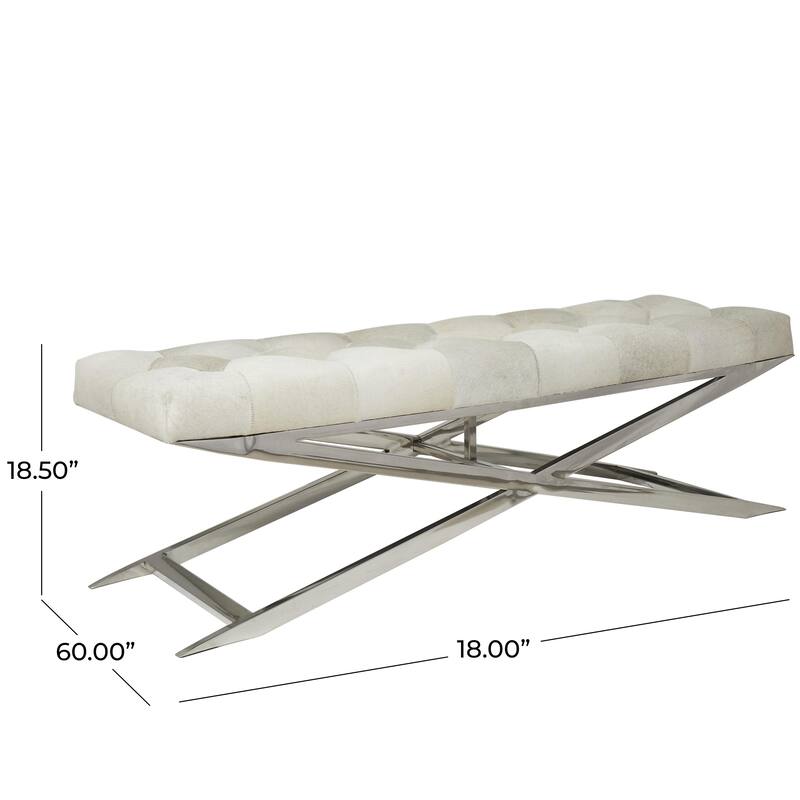 Leather Upholstered Tufted Home Bench with Silver Diagonal Base - Grey - Roche River Decor