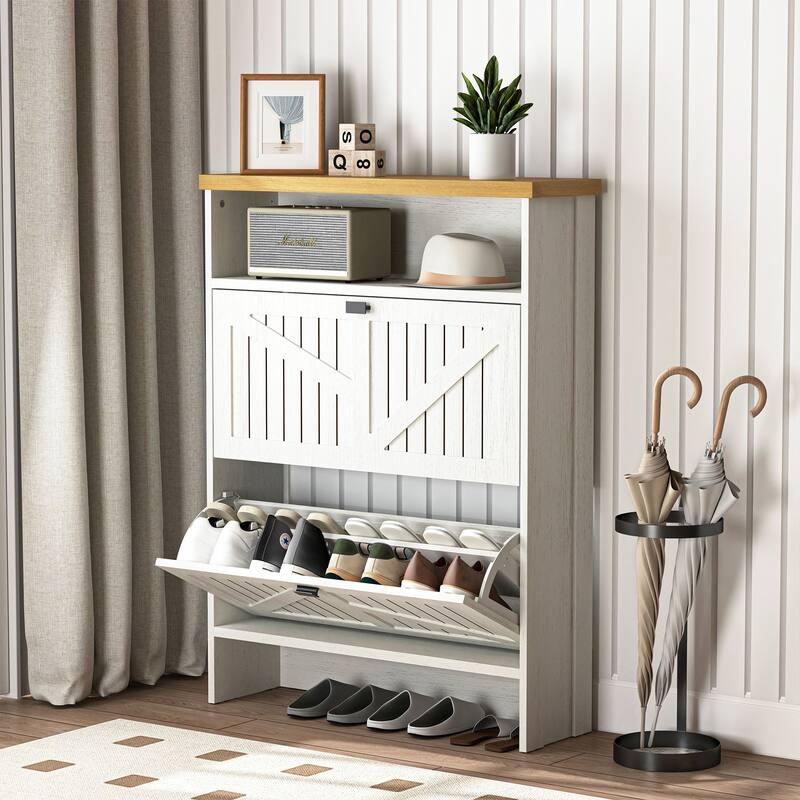 Multi-Functional Modern Minimalist Natural The Upper And Lower Folding Four-Layer Mdf Shoe Cabinet, 31.5*9.5*42.3 Inches