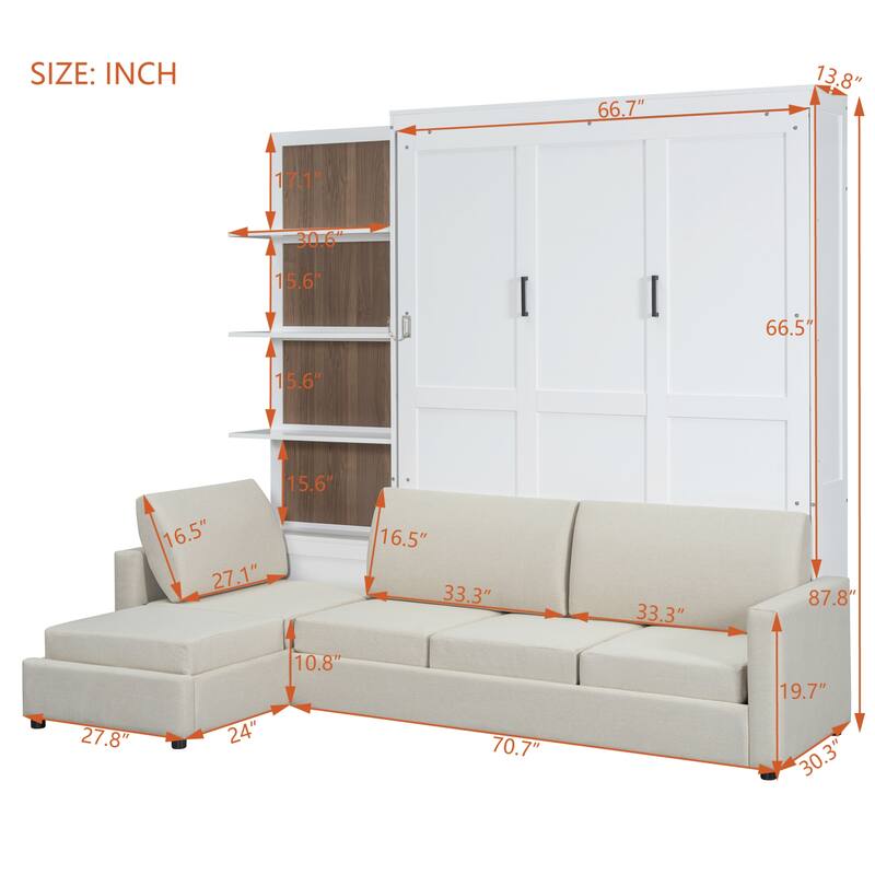 Roomfitters Queen Murphy Wall Bed with Sofa and Storage Shelves Foldable Frame