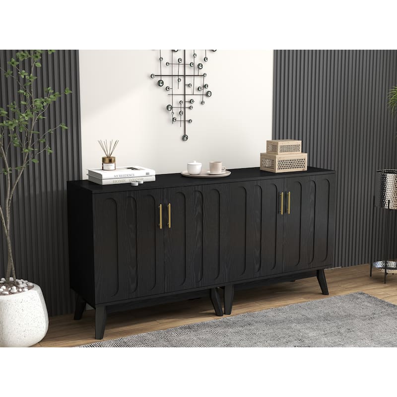 Fluted Cabinet Buffet Cabinet Accent Cabinet with Outlet Hole, Wood Grain Storage Cabinet with Adjustable Shelves