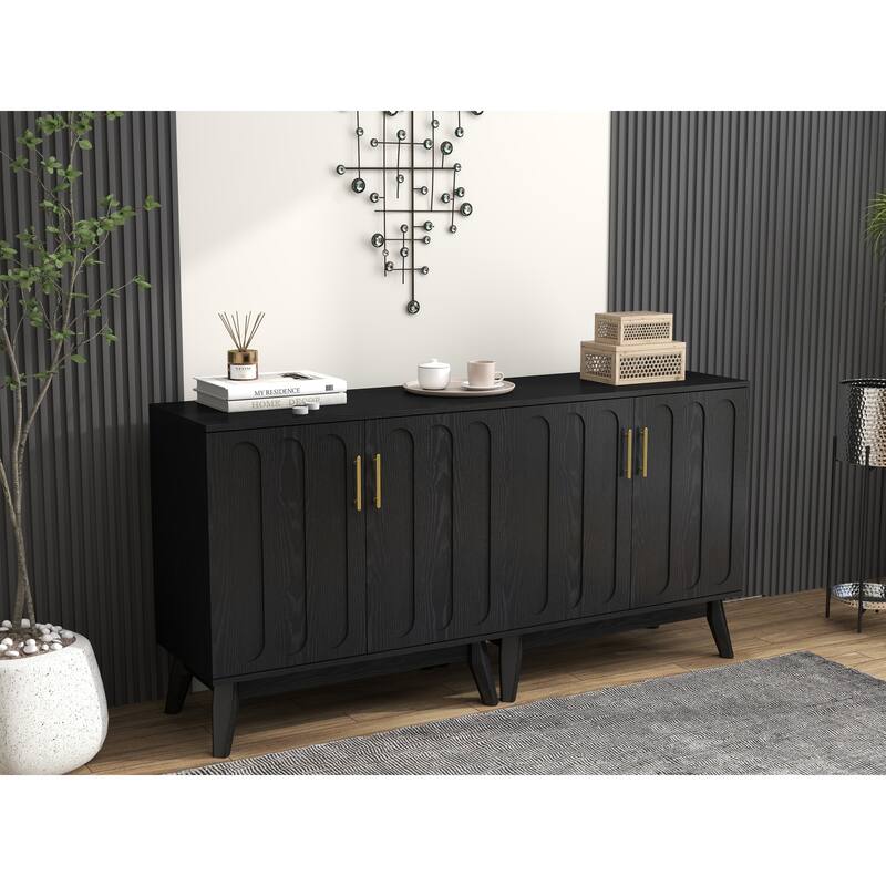 Mid Century Modern Fluted Sideboard Cabinet with Adjustable Shelves & Solid Wood Legs, Buffet Cabinet with Storage, Waln