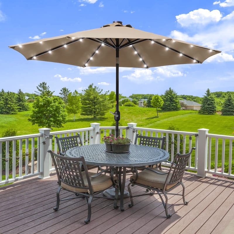 LIVOOSUN LED 9ft Patio Umbrella Market Umbrella Steel Tilt w/Crank - Taupe