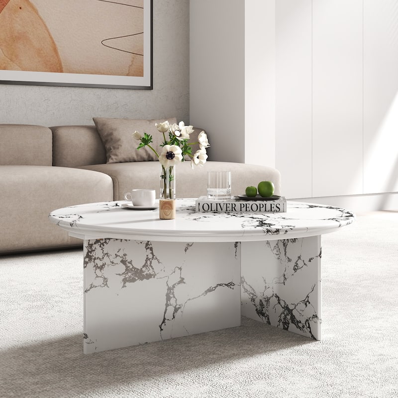 Modern Round Faux Marble Coffee Table, 33.46" Circle Center Table Tea Table for Living Room. - White