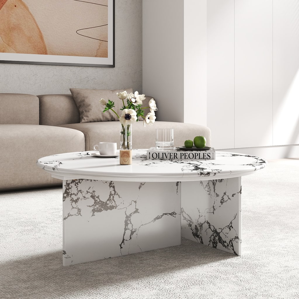 Modern Round Faux Marble Coffee Table, 33.46" Circle Center Table Tea Table for Living Room.