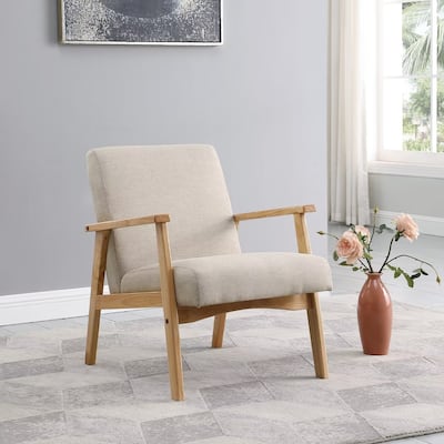 Wide Linen Arm Chair Accent Chair With Rubber Wood Frame
