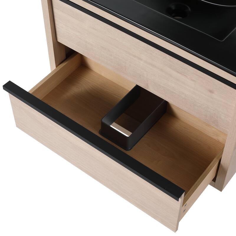 Wall-Mounted Plywood Bathroom Vanity Set in Plain Light Oak with Integrated Sink