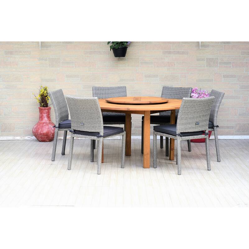 7-piece Lazy Susan Wood Dining Set - 7 Piece - Grey with Grey cushions