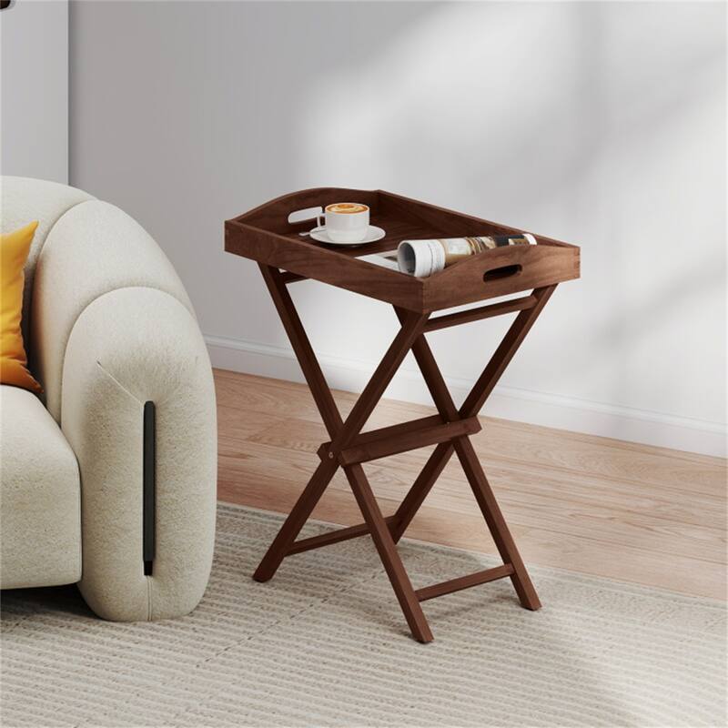 Teak Wood Tray Table Foldable Design with X-Shaped Frame for Living Room or Patio Use - 24" x 16" x 28"