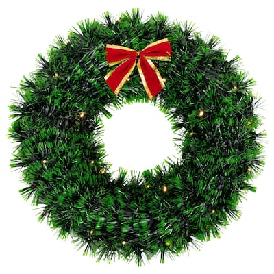 17" Green Tinsel Artificial Christmas Wreath a Bow Clear LED Lights