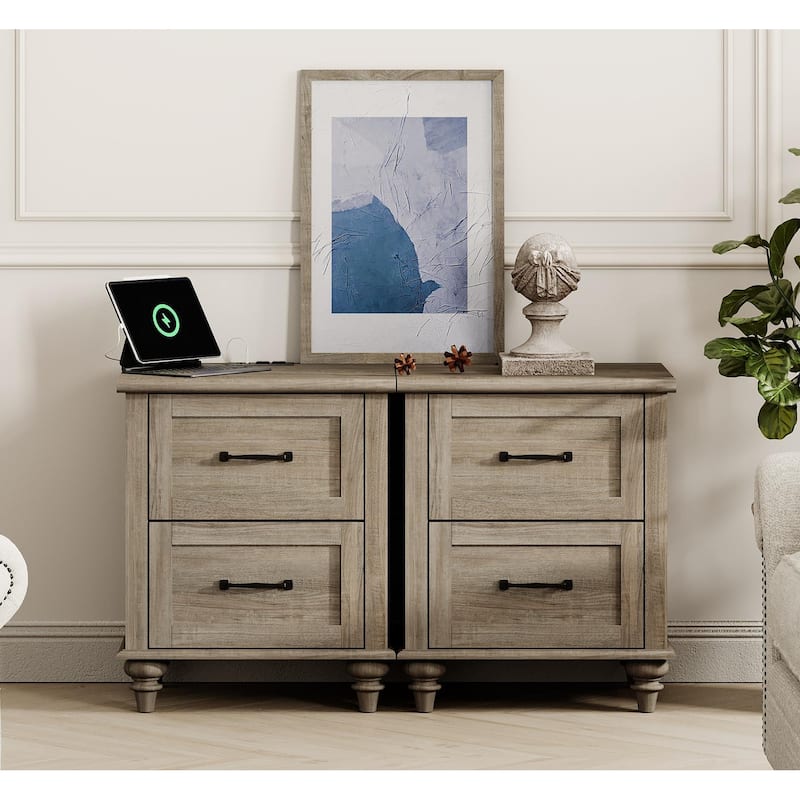 Nightstand with Charging Station, 2-Drawer End Table for Bedroom - Grey - 4-drawer