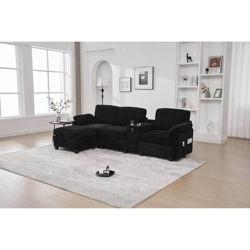 HOMEFUN Corduroy Upholstered L-Shaped 4-seater Storage Multifunctional Sectional Sofa with Storage Ottoman,Cup Holder and USB - Black