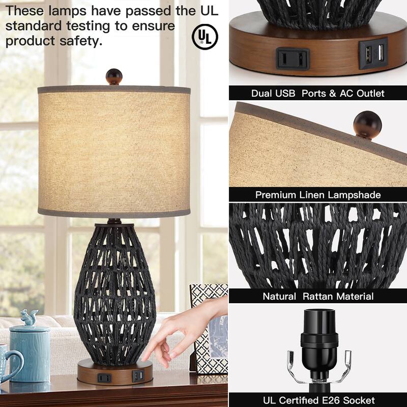 Cinkeda Table Lamp Black Rattan 3-Way Touch Dimmer USB Port(Set of 2) - 11'' x 11'' x 22.8'' (L x W x H)