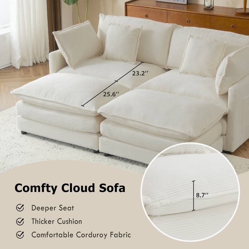 Corduroy Loveseat Set with Movable Ottoman 4 Seater Corner Sofa, Upholstered Deep-seat Couch wCushions and 4 Pillows