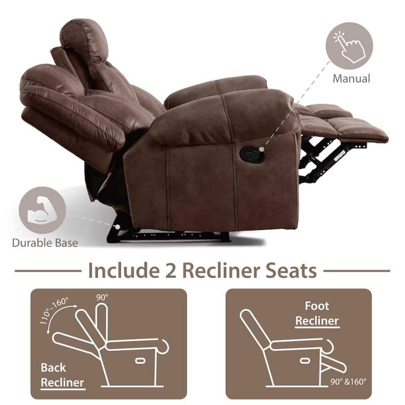 Verne Brown Manual Microsuede Reclining Sofa with Flip Down Cup Holders