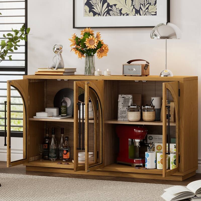 4-Door Large Storage Sideboard Buffet Cabinet with Glass Doors - Natural Wood