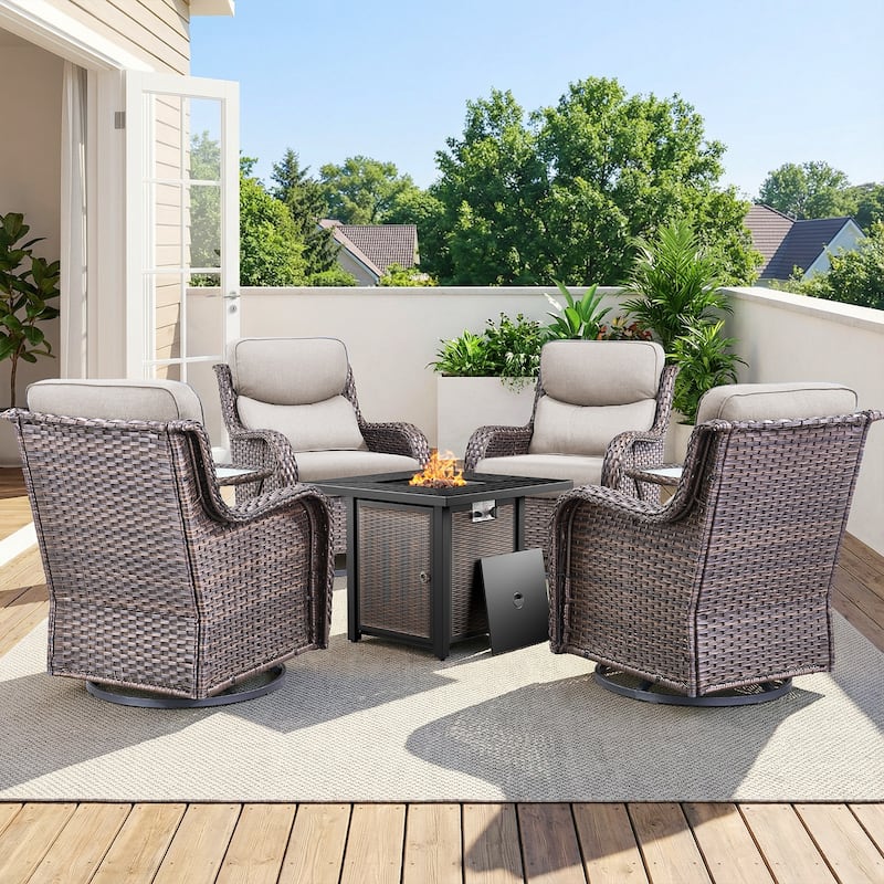Pocassy 30 In Outdoor Fire Pits with Patio Swivel Glider Chari Set. - Brown Wicker Beige Cushion - 7-Piece Swivel Chair Table w/ Fie Pit Table