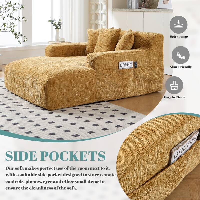Chenille Lazy Sofa Chaise Lounge with Pillows - Convertible Armchair with Armrests, Multi-Position Sleeper for Living Room
