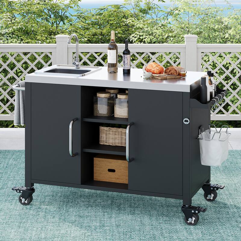 55.5" Outdoor Metal Kitchen Island with 304 Stainless Steel Sink & 4 Lockable Wheels