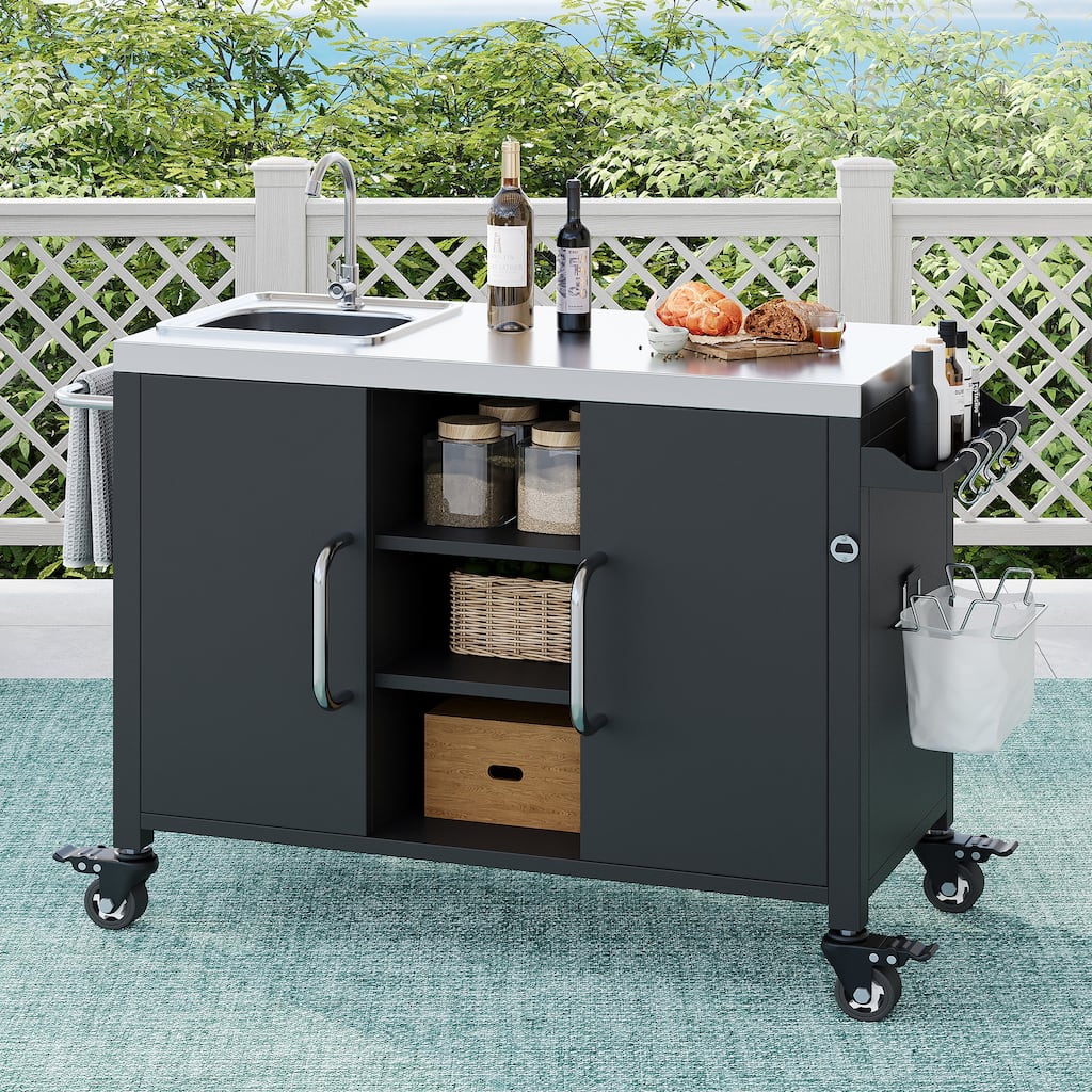 Metal Tabletop Kitchen Island with Stainless Steel Sink, Built-in Partition and Rolling Grill Cart, Pantry Storage Cabinet