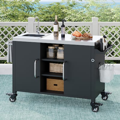 View of Metal Tabletop Kitchen Island with Stainless Steel Sink, Built-in ...