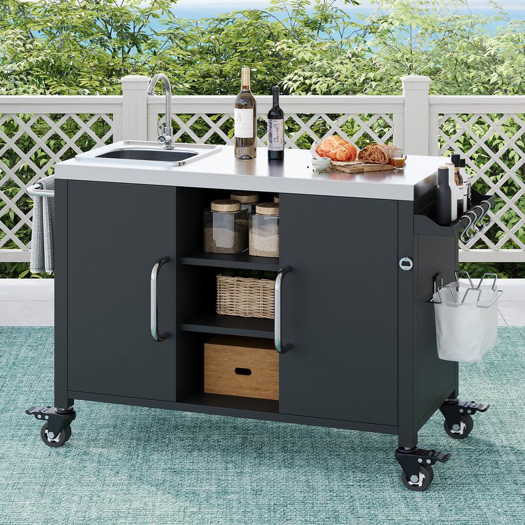 Roomfitters 55.5" Outdoor Kitchen Island with Stainless Steel Sink, Rolling Grill Prep Cart & Storage Cabinet, Black