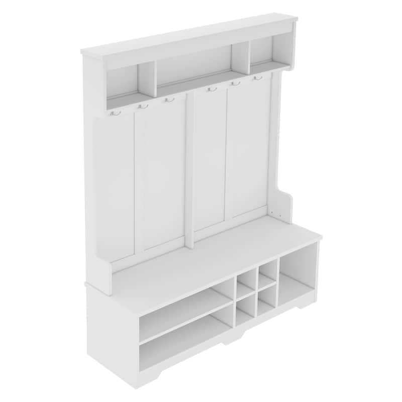 Hall Tree with Metal Hooks & Shoe Storage, Modern Entryway Bench with Cubbies