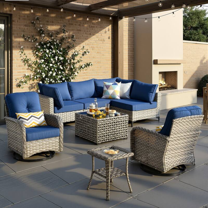 XIZZI 8-Piece Outdoor Wicker Furniture Sectional Swivel Chairs Set - Navy Blue