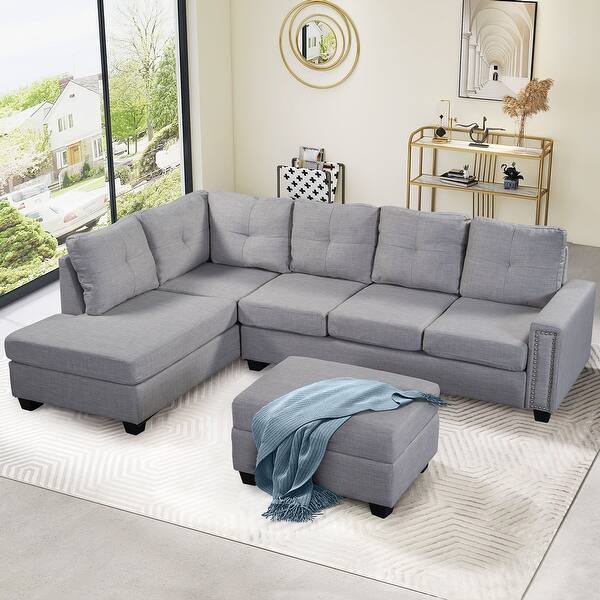 Linen Reversible Sectional Sofa L-Shape Convertible Couch w/Cup Holder ...