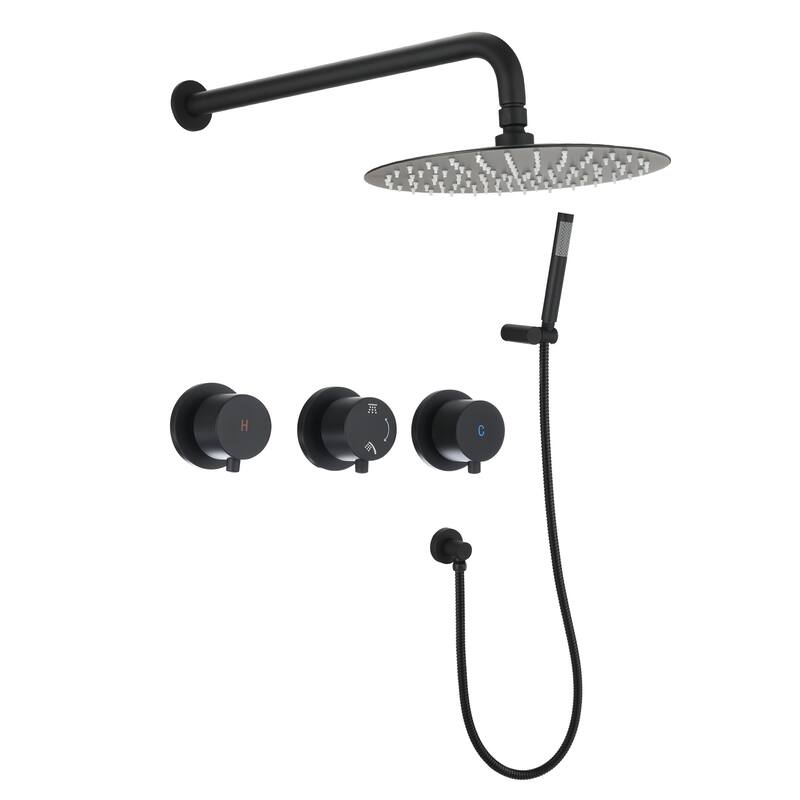 Proox 10 inch. Rain Shower Faucet System Wall Mount Round Shower Head Hand Shower Set w/ Rough-in Valve - 10 - Matte Black