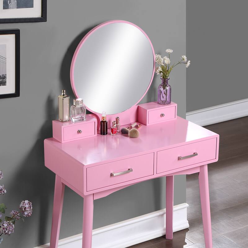 Liannon Contemporary Wood Vanity and Stool Set,Round Mirror