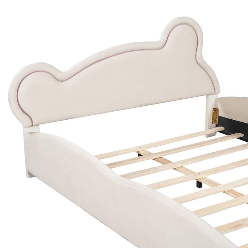 Velvet Platform Bed with Bear-Shaped Headboard